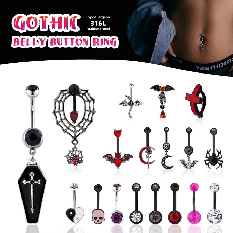 1 件装朋克哥特式蝙蝠恐龙骷髅肚脐环玫瑰肚脐环透明 CZ 14G 不锈钢蝴蝶肚脐穿孔阴阳八卦肚脐钉心形肚脐环肚脐环吊坠肚脐穿孔首饰女孩姐妹万圣节礼物最好的朋友礼物 - 彩色 - 查看 1