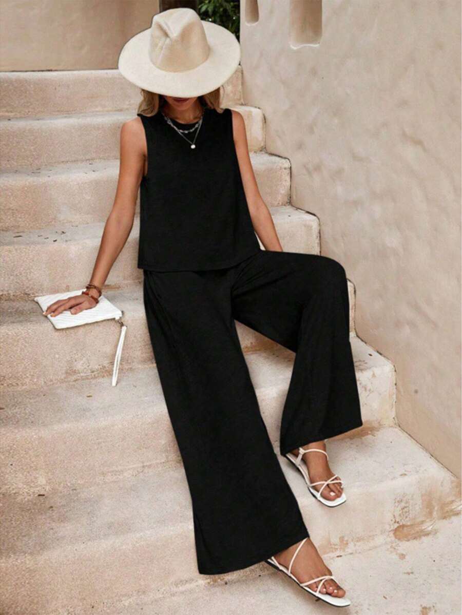 Women's Loose Set, Round Neck And Sleeveless - Black - View 1