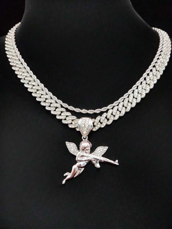 1 قطعة قلادة سلسلة بعلاقة ملاك موضة كريم للجنسين، مناسبة للحفلات والاستخدام اليومي، متوفرة بنمطين مختلفين للسلسلة