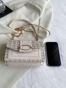 Mini Plaid Tweed Shoulder Bag, With Buckle Decor, Square Crossbody Flap Bag, With Chain, Suitable For Daily Use - Multicolor - View 11