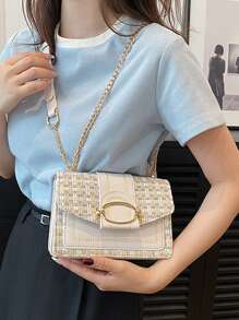 Mini Plaid Tweed Shoulder Bag, With Buckle Decor, Square Crossbody Flap Bag, With Chain, Suitable For Daily Use - Multicolor - View 7