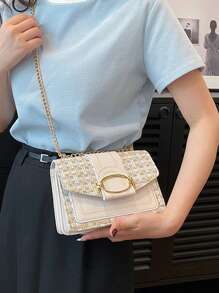 Mini Plaid Tweed Shoulder Bag, With Buckle Decor, Square Crossbody Flap Bag, With Chain, Suitable For Daily Use - Multicolor - View 5