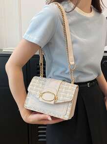 Mini Plaid Tweed Shoulder Bag, With Buckle Decor, Square Crossbody Flap Bag, With Chain, Suitable For Daily Use - Multicolor - View 6