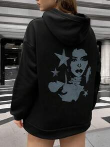 Women's Casual Graphic Print Thermal Lined Hoodie Sweatshirt For Everyday Wear, Winter New Arrival - Black - View 1