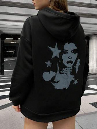 Women's Casual Graphic Print Thermal Lined Hoodie Sweatshirt For Everyday Wear, Winter New Arrival