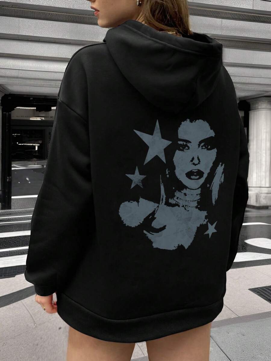 Women's Casual Graphic Print Thermal Lined Hoodie Sweatshirt For Everyday Wear, Winter New Arrival - Black - View 1