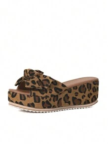 Últimos zapatos de mujer sexy para el verano, sandalias de plataforma y cuña con estampado de leopardo marrón y lazo, cómodas para usar en interiores y exteriores, para fiesta, cumpleaños, de altura versátil, aumentan la estatura y con suela antideslizante de moda - estampado de leopardo - Ver 8