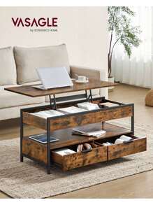 VASAGLE Lift Top Coffee Table, Living Room Table, With Storage Drawers, Hidden Compartments, And Open Shelf, Rustic Brown And Ink Black - Brown - View 1