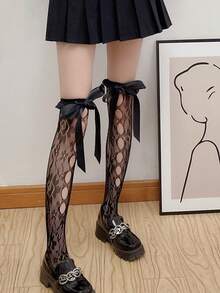 1 Cặp tất cao đến đùi có nơ buộc băng đô tất dài đến bắp chân tất lưới khoét rỗng gợi cảm cho nữ phong cách Lolita tất lưới cho nữ - Nhiều màu - Xem 5