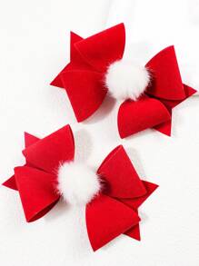 2pcs Girls Christmas Red Pompon Bow Hair Clips, Cute & Elegant All-Match Hair Accessories