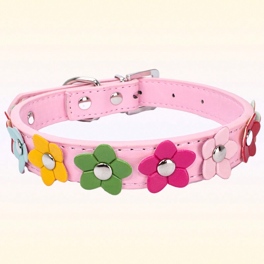 1pc PU Leather Flower Decoration Pet Dog Collar,Adjustable And Durable
