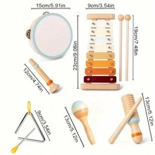 婴儿乐器-蒙特梭利木制玩具，适合 1-3 岁幼儿，中性色打击乐器套装，配有现代波西米亚风木琴，适合学龄前儿童教育 3 岁以上，6 件，婴儿乐器，婴儿铃鼓，木制乐器 - 彩色 - 查看 2