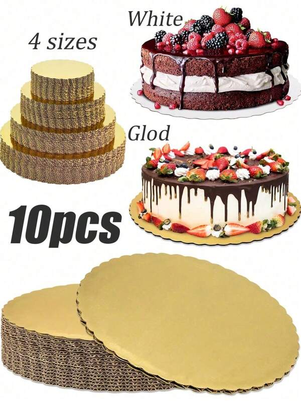 10pcs Cake Boards, Gold Cake Boards 6/8/10/12 Inch Round, Cardboard Round Cake Bases, Waterproof And Grease-Proof Cake Boards, Suitable For Cake DIY, Desserts And Craft Display