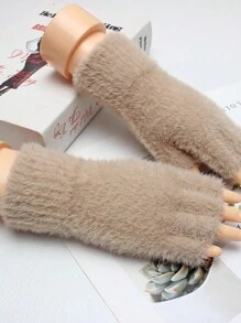 1 par de guantes sin dedos mullidos de unicolor para mujer, calentadores de muñeca de punto, adecuados para el calor diario de invierno en deportes al aire libre