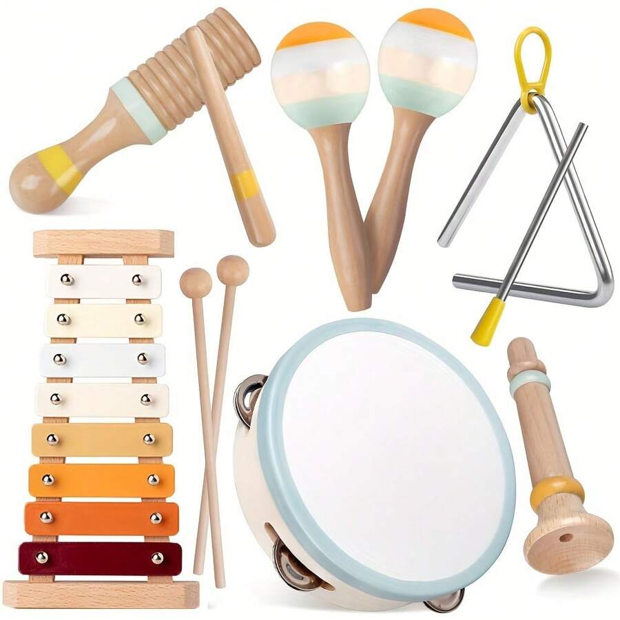 婴儿乐器-蒙特梭利木制玩具，适合 1-3 岁幼儿，中性色打击乐器套装，配有现代波西米亚风木琴，适合学龄前儿童教育 3 岁以上，6 件，婴儿乐器，婴儿铃鼓，木制乐器 - 彩色 - 查看 1