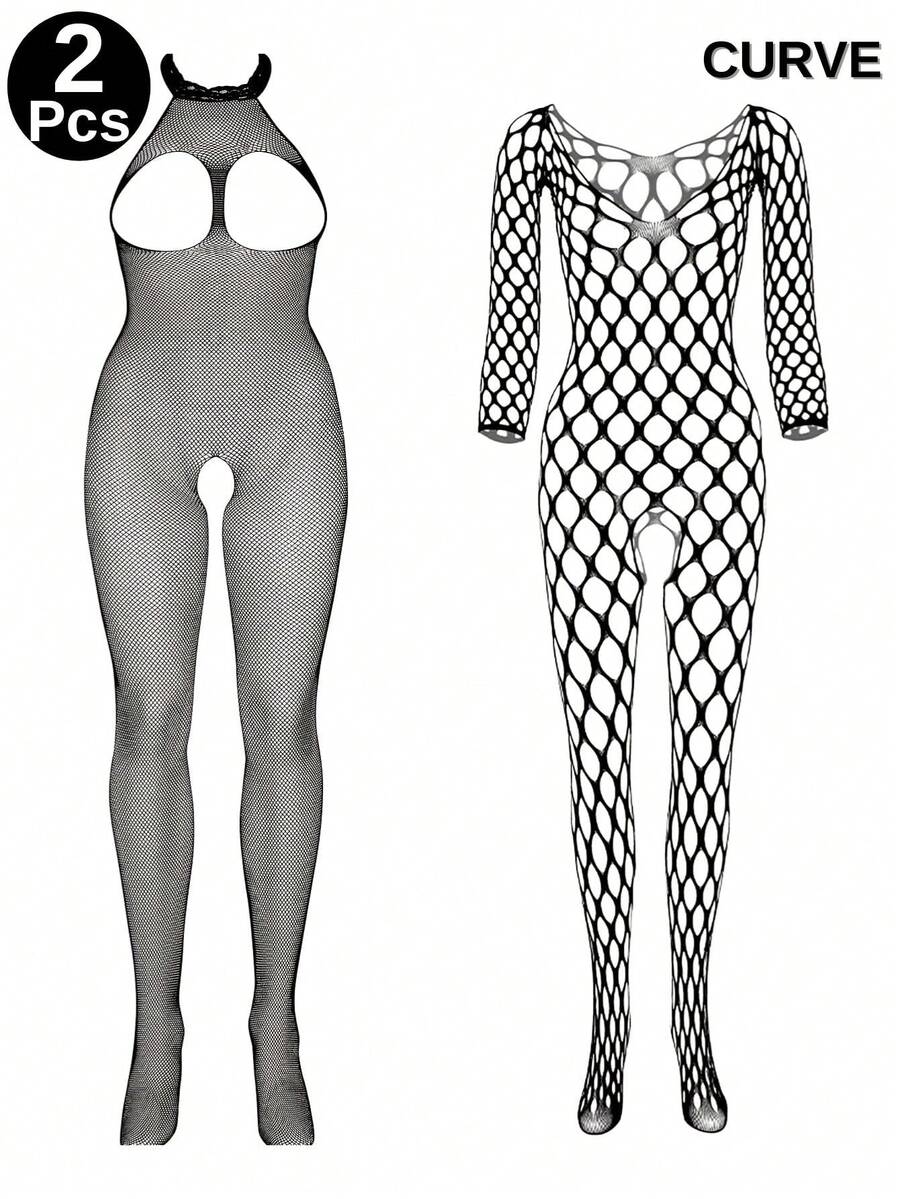 2 件女式透明网眼紧身衣，长袖镂空开裆紧身衣，蕾丝性感内衣睡衣，全身丝袜，女式性感紧身连衣裤，塑造迷人身材，适合内衣派对、角色扮演、情人节、万圣节、圣诞节礼物 - 黑色 - 查看 1