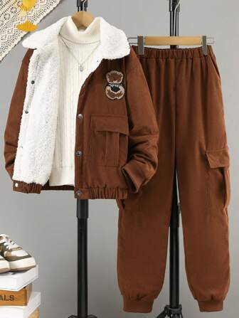 2 件套 Tween 男童休闲熊贴片保暖衬里宽松夹克和羊毛裤套装