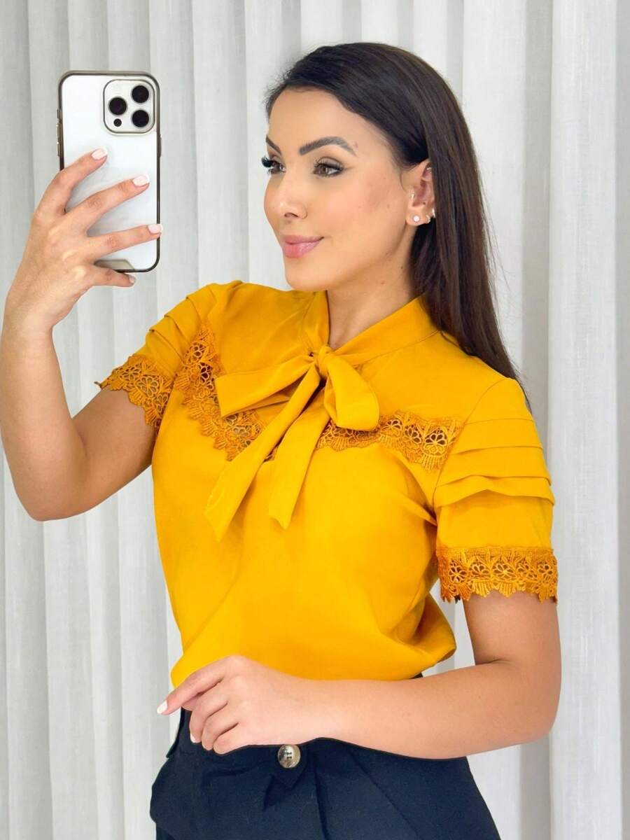 Short Sleeve Blouse With Tie And Lace Details Elegant Women's Fashion - 芥末黃 - 查看 1