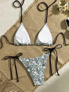 Bikinx Set di bikini con coppa triangolare in pizzo, pannelli e stampa paisley, scollo a V, per l'estate - Multicolore - Visualizzare 2