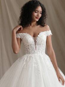 Glitter Ball Gown Wedding Dress Off The Shoulder Shinny Lace Bridal Gown,Bride - Beige - View 4