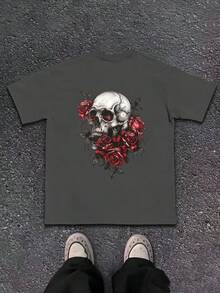 Skull With Red Roses 180g Pure Cotton Men's Tshirt Comfort Fit - Màu xám đen - Xem 1
