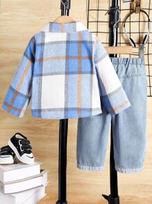 2pcs Baby Boy Casual Plaid Print Button Down Shirt And Denim Pants Set, Suitable For Spring And Autumn - Blue - View 2