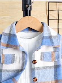 2pcs Baby Boy Casual Plaid Print Button Down Shirt And Denim Pants Set, Suitable For Spring And Autumn - Blue - View 3