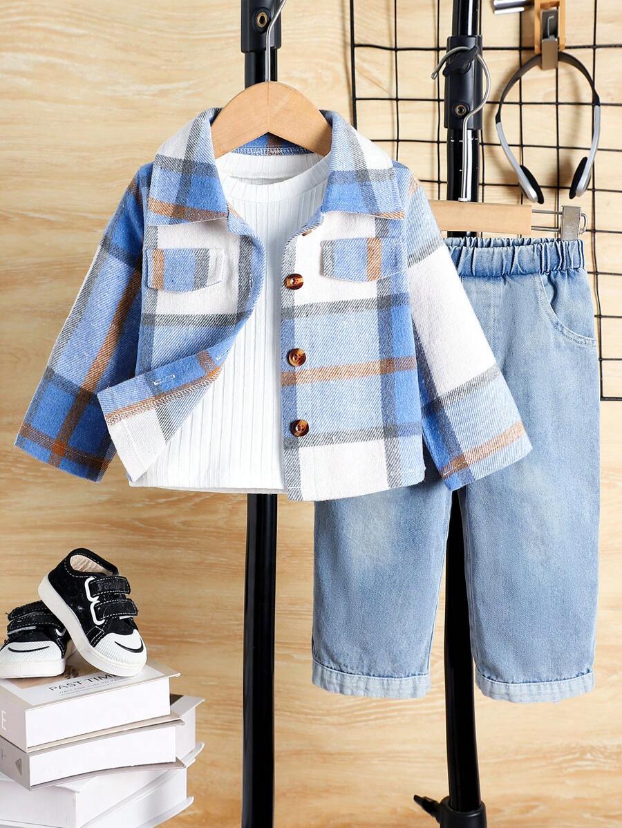 2pcs Baby Boy Casual Plaid Print Button Down Shirt And Denim Pants Set, Suitable For Spring And Autumn - Blue - View 1