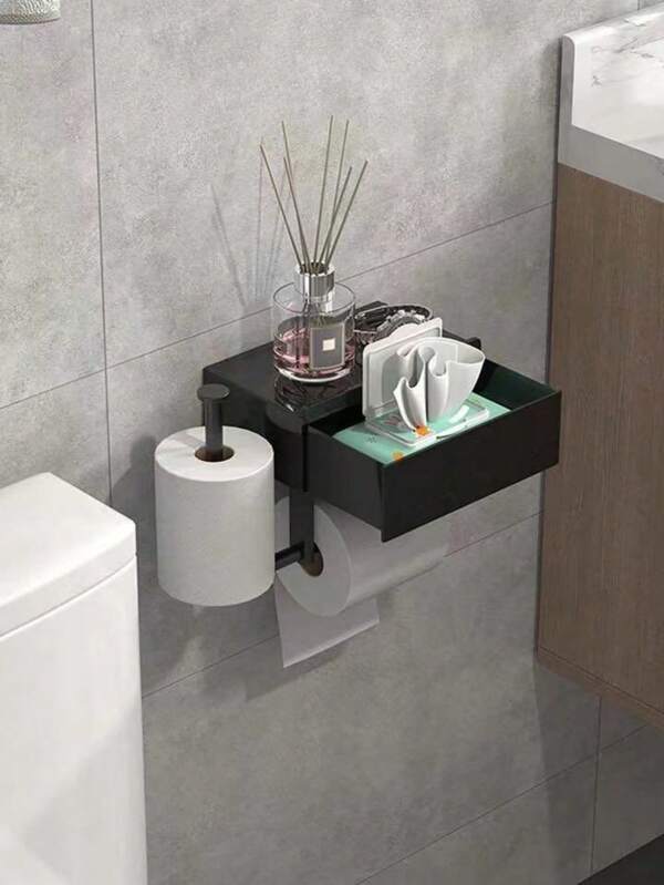 1 Stück schwarze wandmontierte Schublade Aufbewahrungsbox für Papiertücher, einfache Doppelstange Handtuch-/Toilettenpapierhalterung, geeignet für Badezimmer und Küchenwand, einfache Installation ohne Bohren, Badezimmer Dekoration, Badezimmer Organizer Sommer