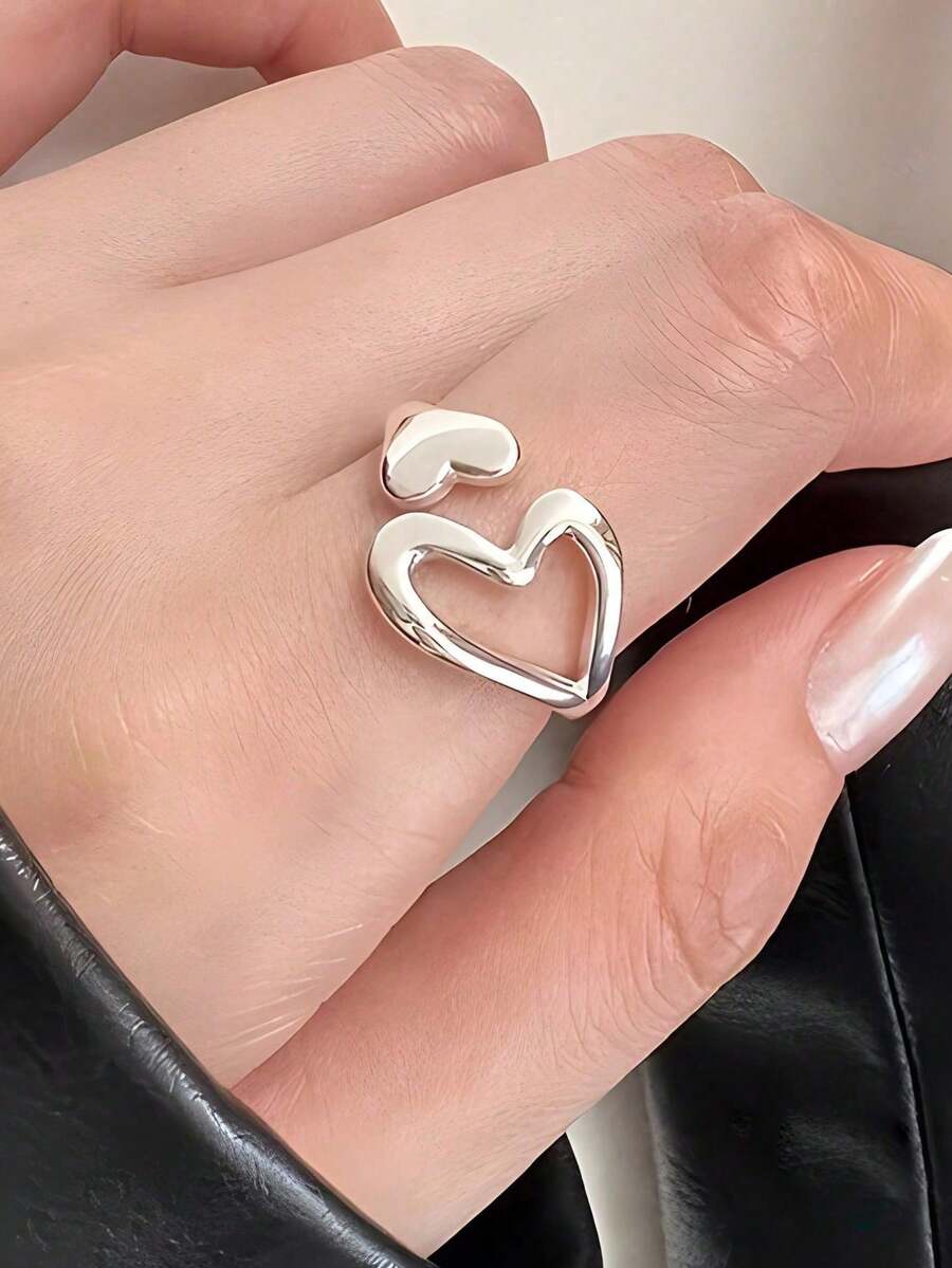 GAGAFEEL 1 Chiếc Nhẫn Mở Trái Tim Rỗng Bằng Bạc Sterling S925 Phong Cách Tối Giản Thời Trang Cho Nữ Quà Tặng Buổi Hòa Nhạc Hàng Ngày - Bạc - Xem 1