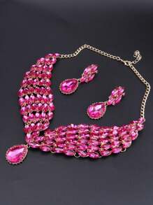 1pc Luxurious And Fashionable Crystal Water Drop Pendant Silver Necklace Earrings Jewelry Set, Perfect For Women's Wedding, Party And Formal Dressing Up