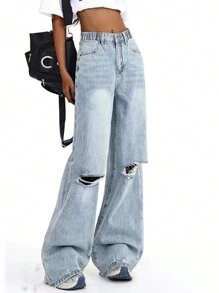 Teen Girl Loose Fit Distressed Wide Leg Jeans, Casual &