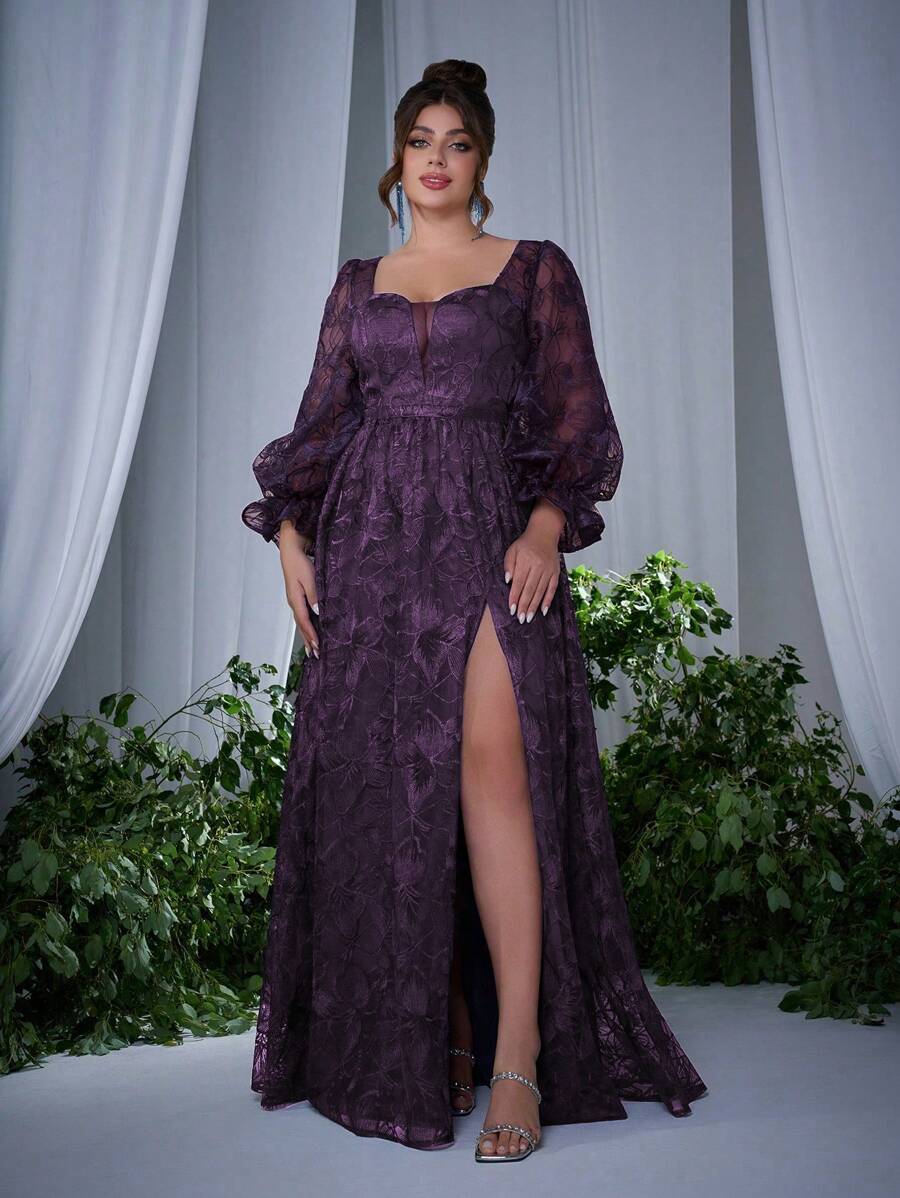 Vestido de noche de alta gama con cuello de corazón, manga larga, bordado de encaje y abertura frontal, para dama de honor, para el Día de San Valentín, talla grande - Morado - Ver 1