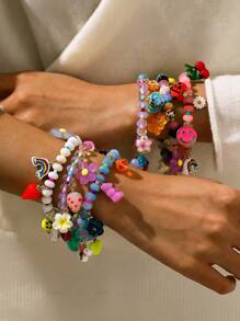 NAIZHU 1/4pcs Cross-Border Luxury Colorful Dopamine Glass Bead Stone Beaded Bracelet, Ceramic, Glass And Acrylic Strawberry Flower Mushroom Element Funky Jewelry, Random Colored Rice Beads - Multicolor - View 1