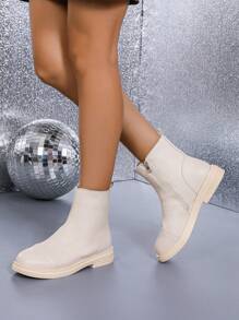 Giày bốt cổ ngắn thanh lịch thời trang hiện đại thu/đông cho nữ có khóa kéo bên hông với chi tiết bằng da, giày bốt đế xuồng phổ biến chống thấm nước, đế xuồng trắng đa năng - Màu be - Xem 7