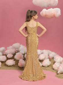 Tween Girl Square Neck Sleeveless Sequin Mermaid Formal Dress