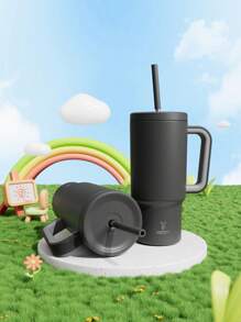 24盎司带手柄玻璃杯、真空隔热不锈钢旅行杯和吸管、真空隔热水瓶、保温杯、可重复使用的不锈钢瓶 - 可使饮料保冷长达24小时 - 黑色 - 查看 3