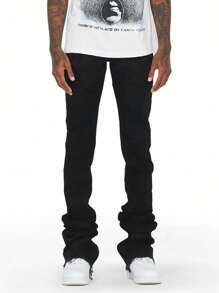 Slim Fit Solid Color Flared Leg Washed Denim Jeans, Fashion, Emo Style - Black - View 2