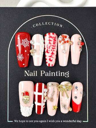 10Pcs Christmas Pink&Red False Nails With Pearls Odorless Provides A Comfortable Experience For Women And Girl Nail Salon Press On Nails Nail Supplies Nails
