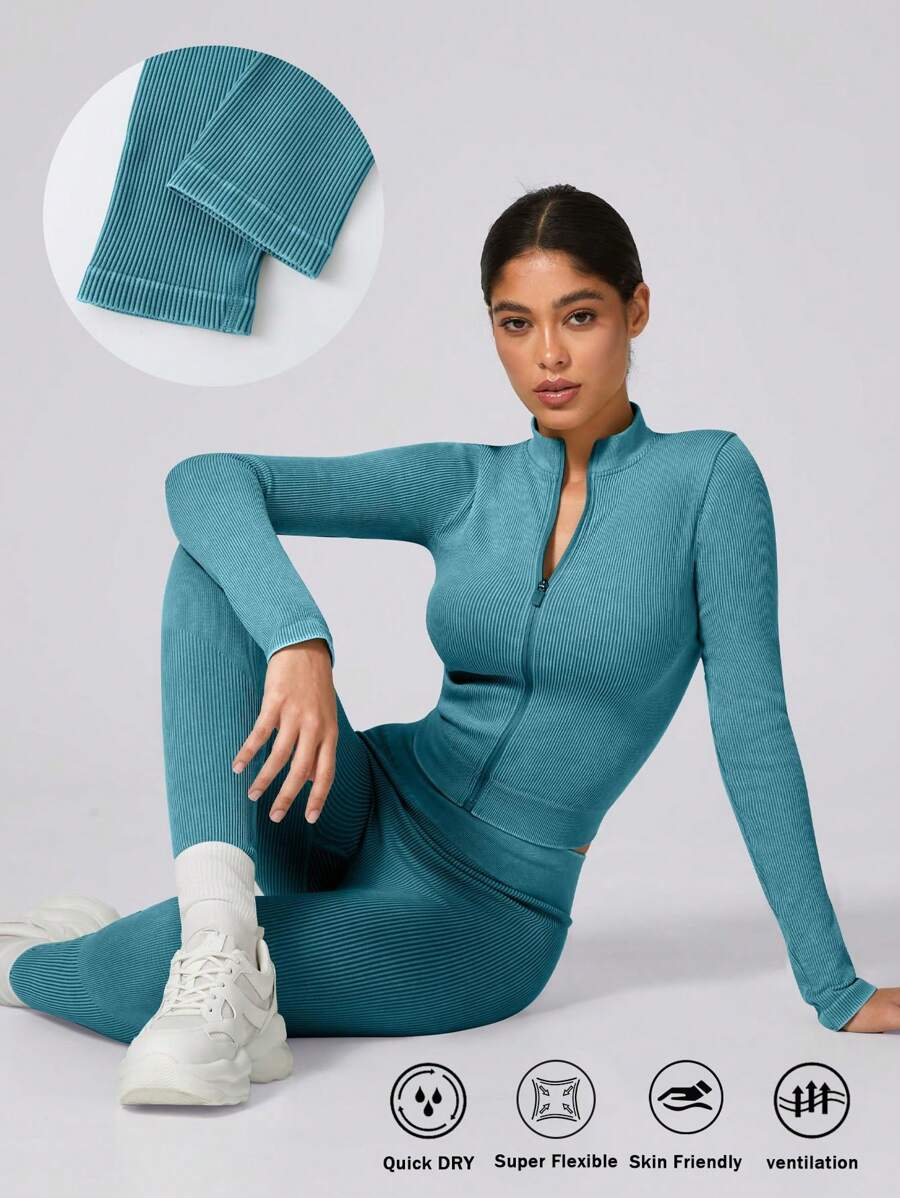 1 Set Women's Matte Sportswear, Ribbed Zip-Up Athletic Jacket And Stretchy Sweatpants - Mint Blue - View 1