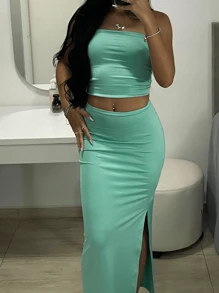 Foreign Set With Long Skirt And Strapless Crop Top - Mint Green - View 3