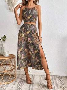 Women's Printed Midi Skirt Set With Halter Neckline - 駝色 - 查看 3