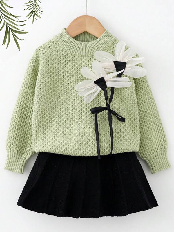 Young Girl Floral Decor Textured Knit Sweater Top And Pleated Knit Midi Skirt 2 Pieces Set