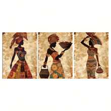 3 件套复古非洲女性墙壁艺术套装 - 卡通图案无框帆布海报 - 可重复使用和拆卸的墙壁装饰，适用于卧室、客厅和走廊 - 传统服装和珠宝主题 - 多色 - 查看 4