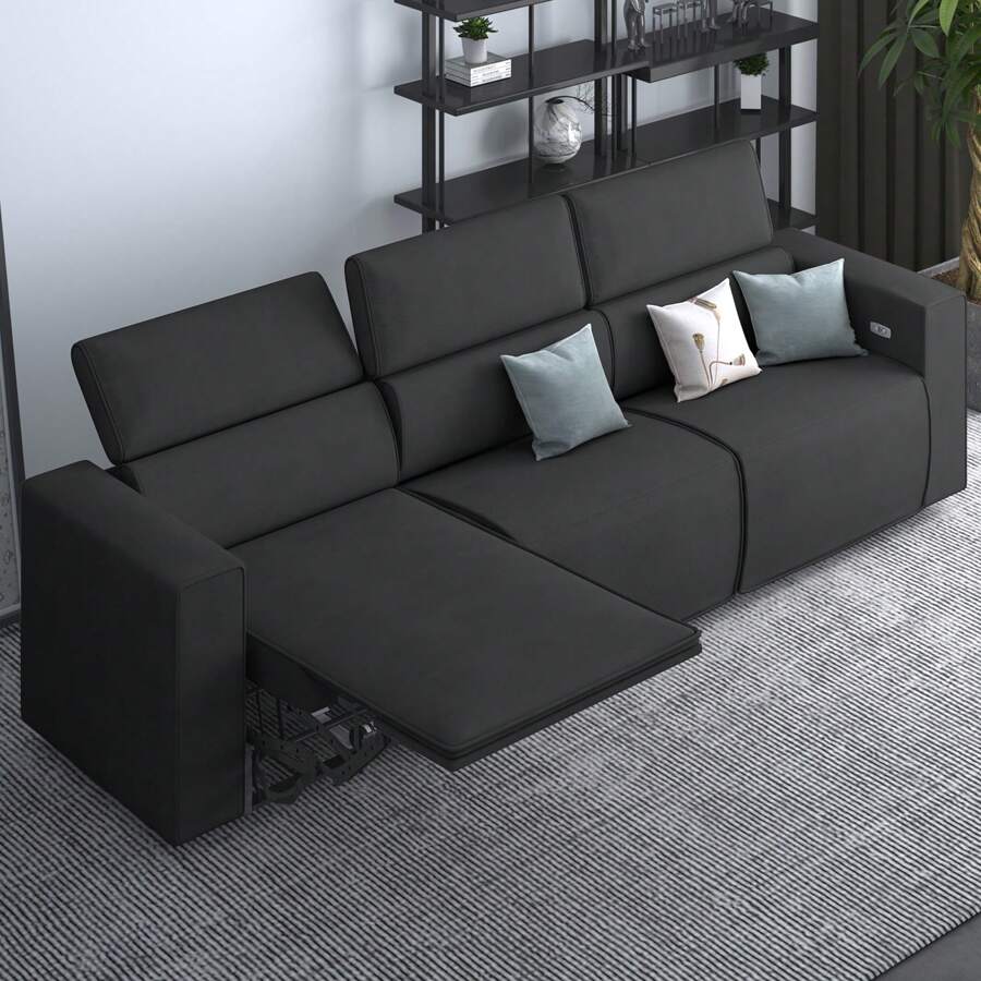 Sofá reclinable eléctrico de 100" de ancho, sofá oversize para sala de estar, sofá de piel sintética reclinable eléctrico con asiento ajustable y puerto USB, gran sofá reclinable de 3 plazas, asientos de home theater, muebles tipo sofá - Gris Oscuro - Ver 1
