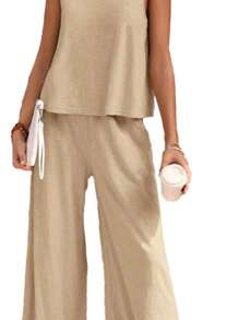 Women's Loose Set, Round Neck And Sleeveless - 米色 - 查看 6