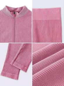 一套女士哑光长款运动套装，带罗纹拉链，户外徒步运动外套和裤子，春季款 - 中紫紅色 - 查看 4