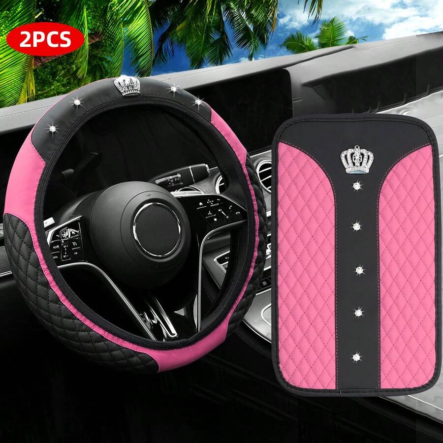 2 件皇冠水钻闪光时尚 PU 皮革防滑无内圈汽车方向盘套套装适合 37-38 厘米方向盘汽车配件 - 均碼 - 查看 1