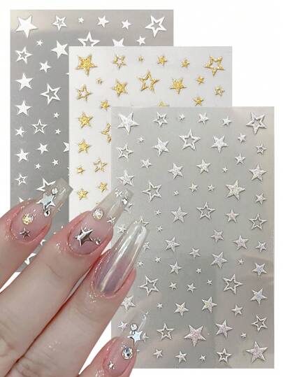 3pcs Gold & Silver Foil Nail Stickers, Hollow Star & Dot Pentagram Adhesive Stickers, Nail Decals & Stickers, 3D Self-Adhesive Nail Art Decorations, Suitable For Women & Girls, With Glitter, Disposable, Semi-Glossy Finish