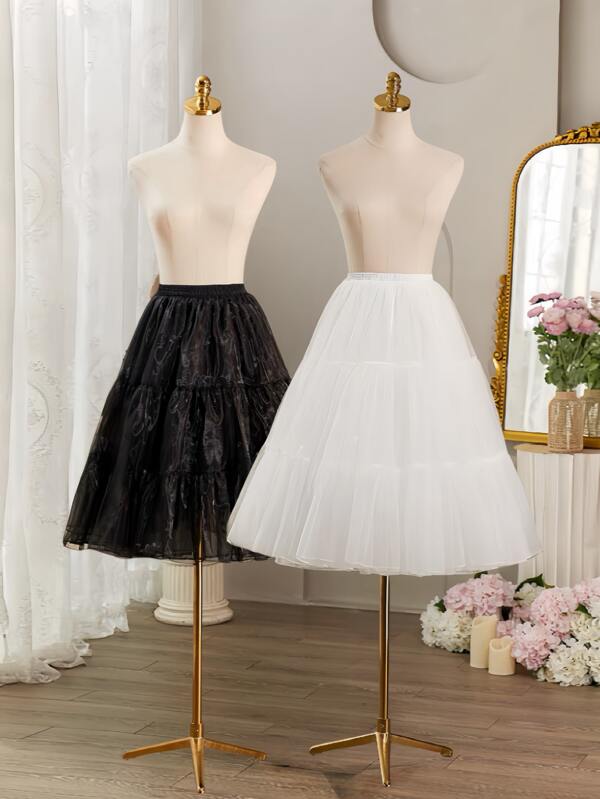 1 Stück Damen Weißer Petticoat, lang 80cm kurz 45cm 2 Lagen 3 Rüschen Kristall Tüll Unterrock, knochenlos, anpassbarer, flauschiger Petticoat für Partykleider, Brautkleider, Hanfu, Halloween, Valentinstag